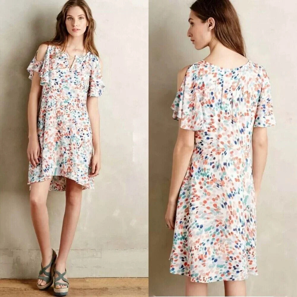 Anthropologie Maeve Watercolor Dress‎ Size Small Flutter Slit Sleeve Dot Print